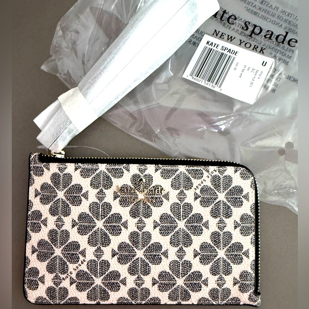 Kate Spade Lucy zip wristlet card case wallet pouch black beige floral $99 new